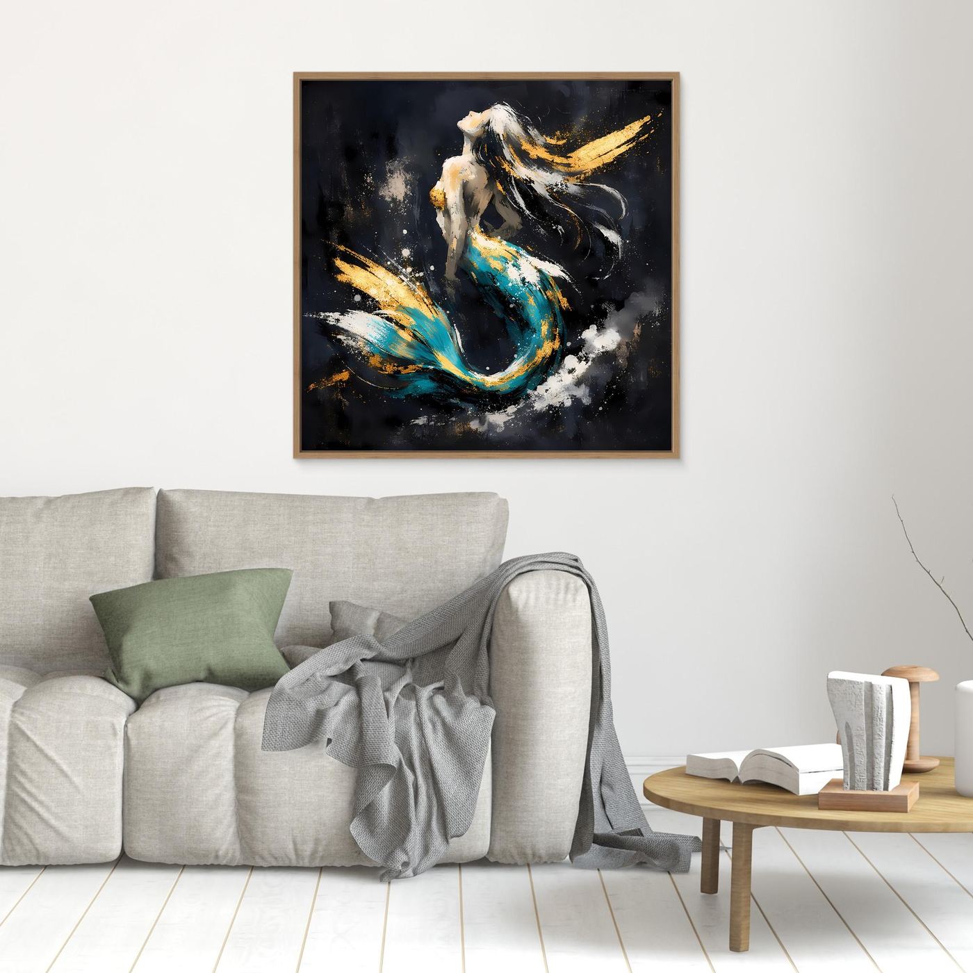 Leinwand Elegante Meerjungfrau in Türkis und Gold | Modernes Fantasy Wandbild