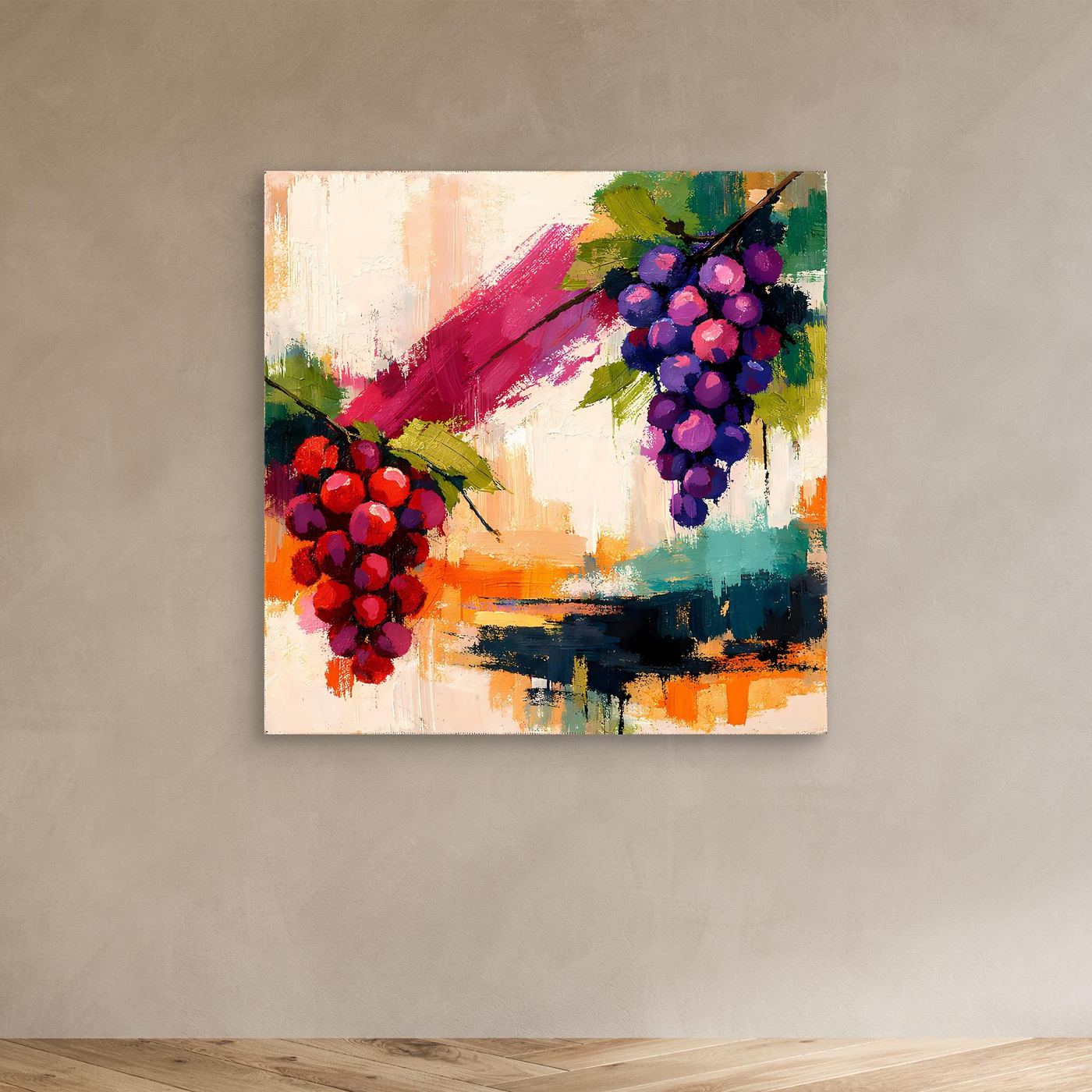 Small abstract grape still life canvas wall art with red and purple grape clusters