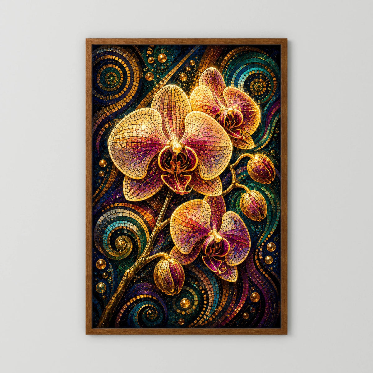 Hochformat-Poster mit mosaikartigen Orchideen in Gold und Violett, brauner Holzrahmen