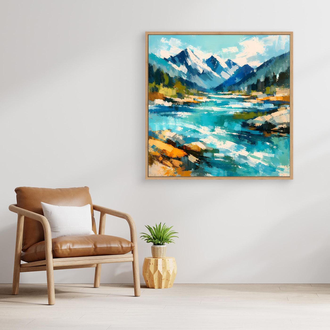Abstraktes Leinwand-Wandbild mit Berglandschaft und Fluss im Holzrahmen, türkis und blau