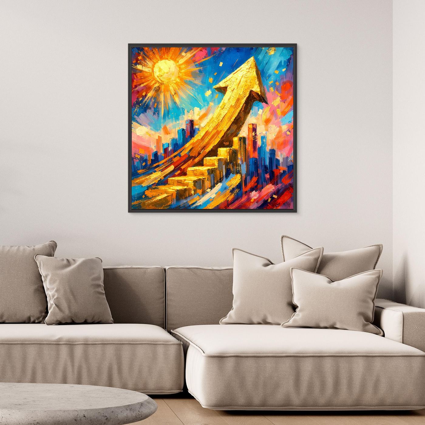 Gerahmtes Leinwandbild mit abstrakter Stadtlandschaft und goldenem Pfeil in Farben