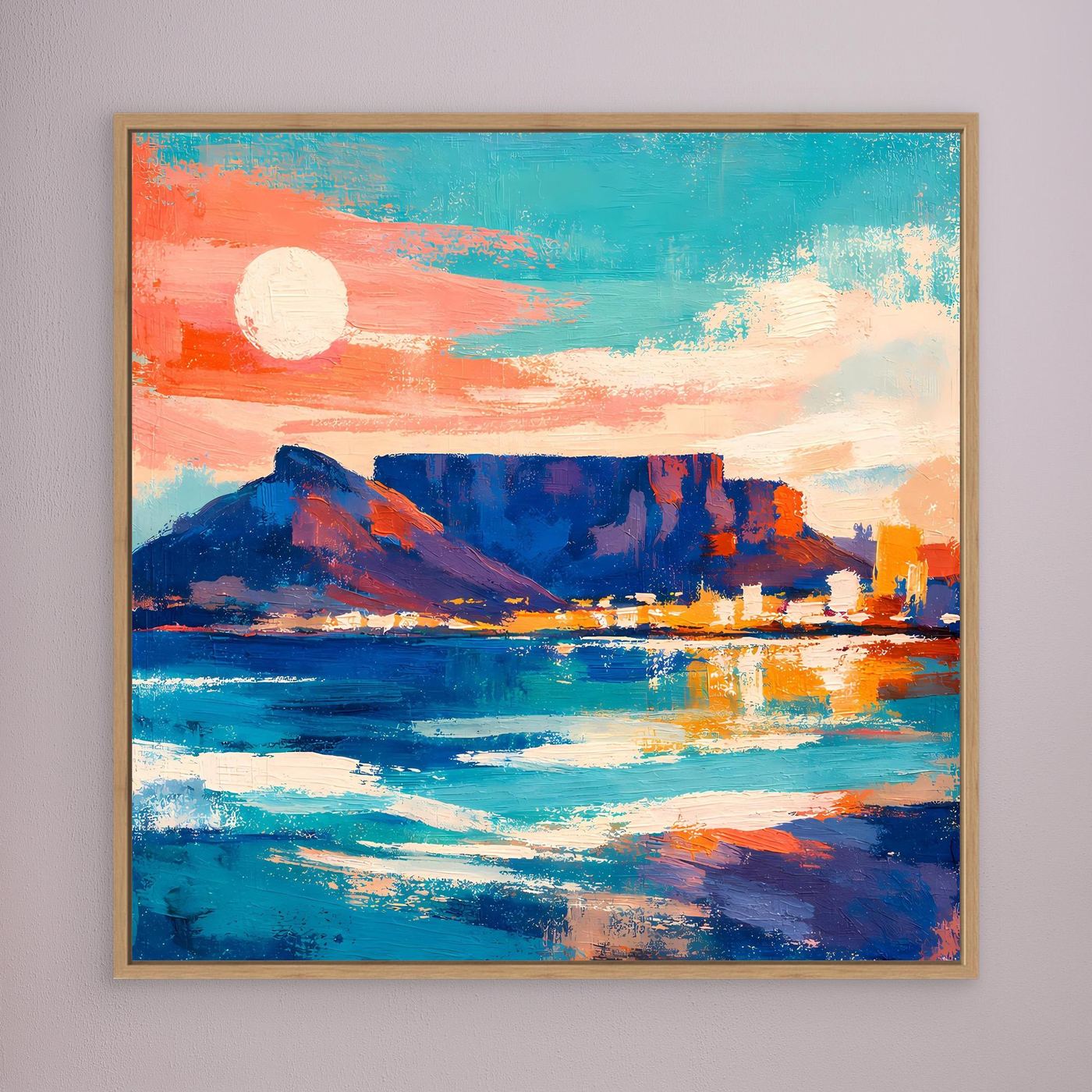 Abstraktes Leinwandbild: Küste mit Sonne, Meer, Berg und Stadt, goldbraun gerahmt