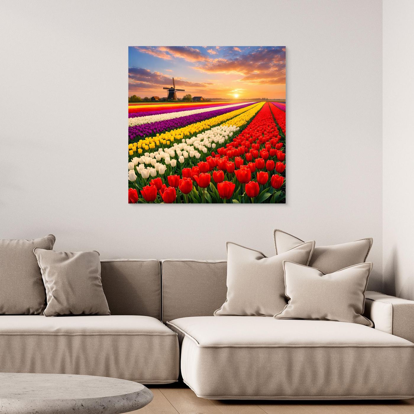 Leinwandbild Tulpenfeld mit Sonnenuntergang, farbenfrohe Reihen in Rot, Gelb, Weiß und Lila
