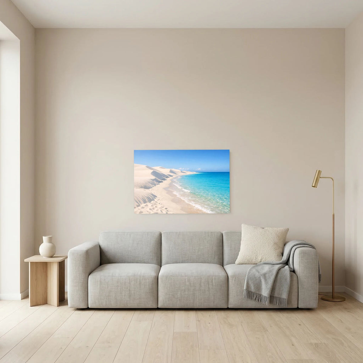 Kleines Wandbild im Querformat mit Sanddünen und türkisblauem Meer
