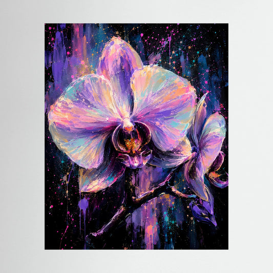 Kunstposter mit abstrakter Orchidee in Neonfarben, leuchtende Blüten auf dunklem Hintergrund