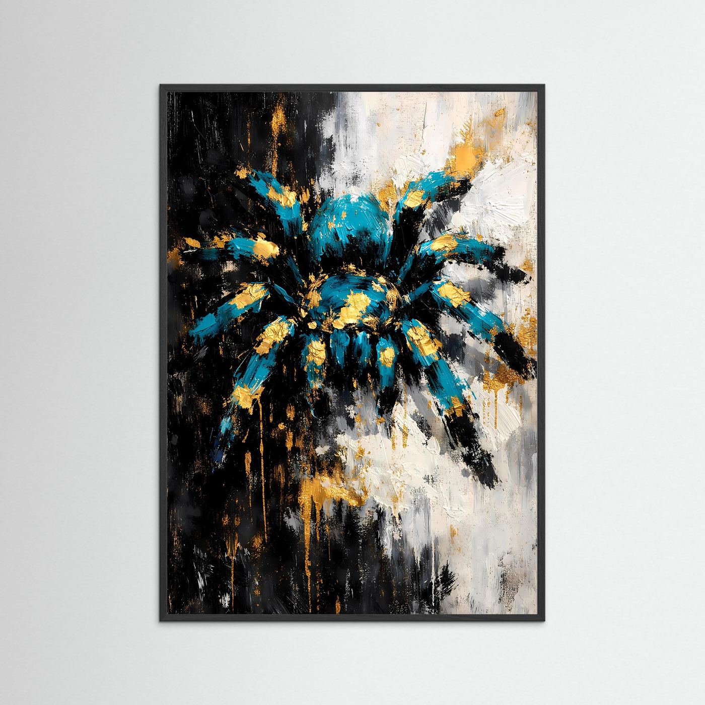 Abstraktes Spinnen-Kunstposter im Hochformat mit schwarzem Rahmen, türkis und Gold