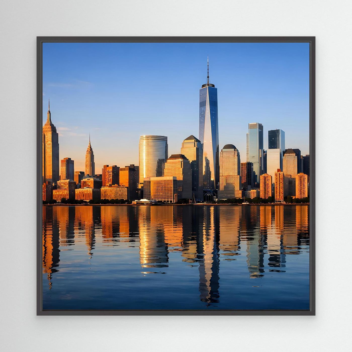 Leinwand-Wandbild im schwarzen Rahmen mit New-York-Skyline bei Sonnenuntergang und Spiegelung