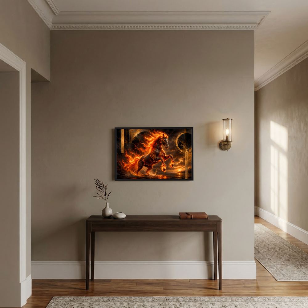 Querformatiges Poster mit mystischem Feuerpferd in Flammen, Schwarz, Gold und Orange.