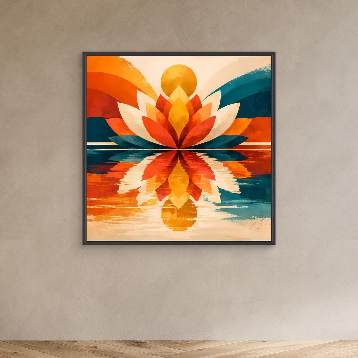 Abstraktes Lotus-Leinwandbild mit schwarzem Rahmen, symmetrisch, orange und türkis