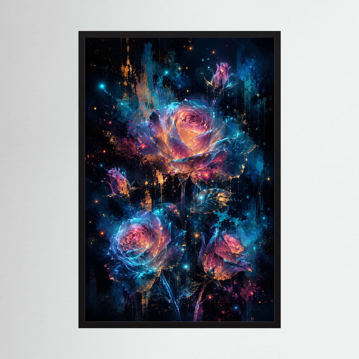 Wandbild mit leuchtendem Rosenmotiv in Blau, Pink und Gold, schwarzer Rahmen, Hochformat