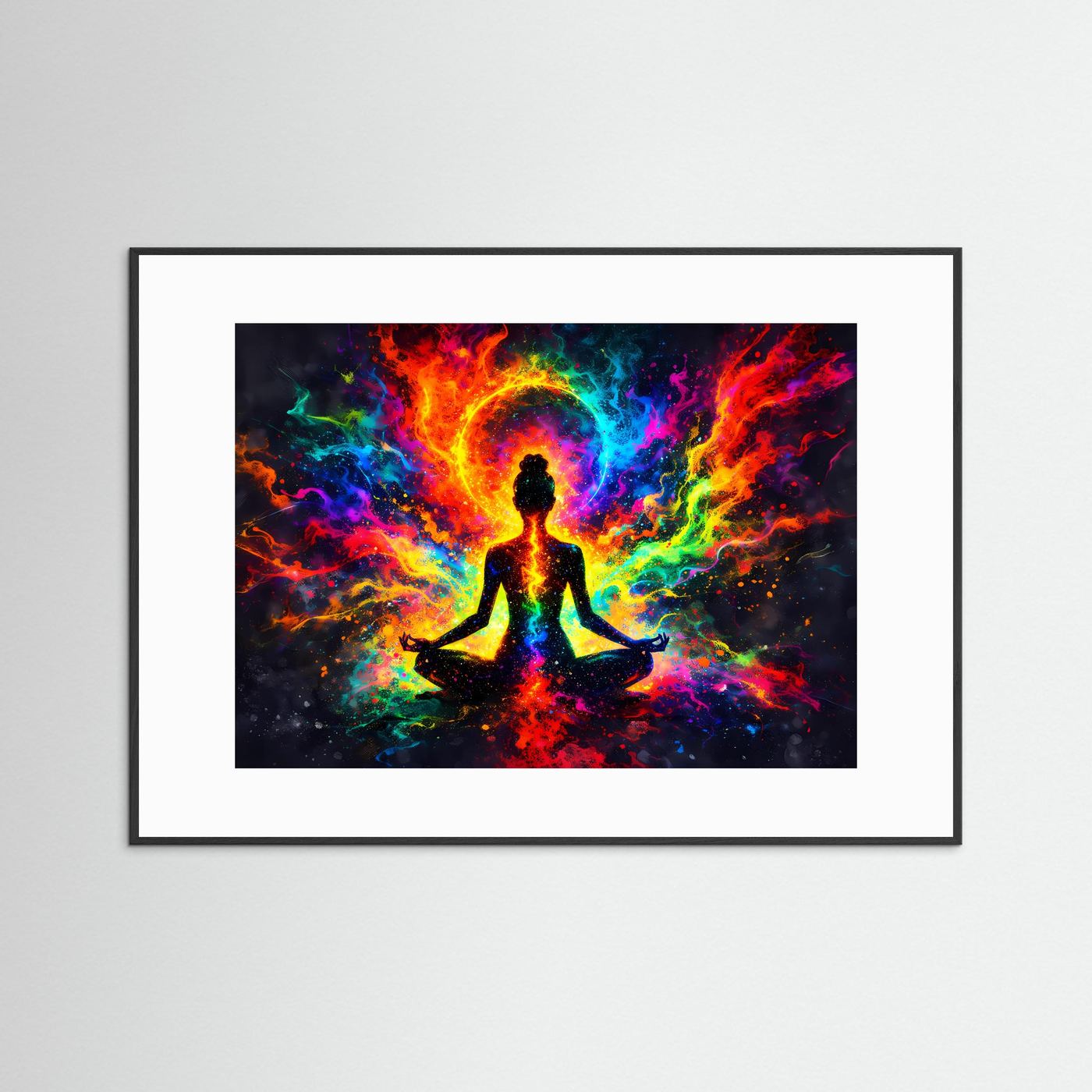 Yoga-Poster mit Meditationsfigur und farbiger Aura, weißes Passepartout und schwarzer Rahmen