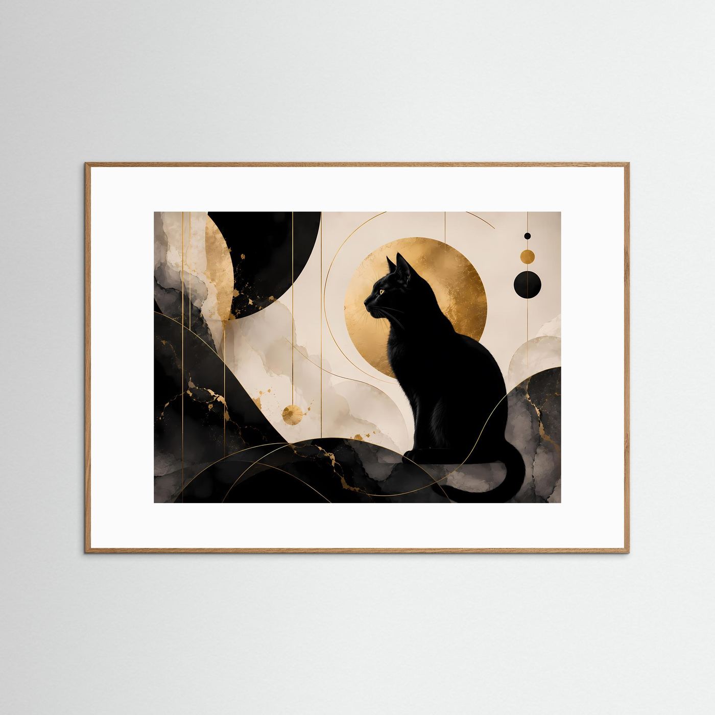 Schwarze Katze in Gold & Marmor | Elegante abstrakte Katzen Wandkunst