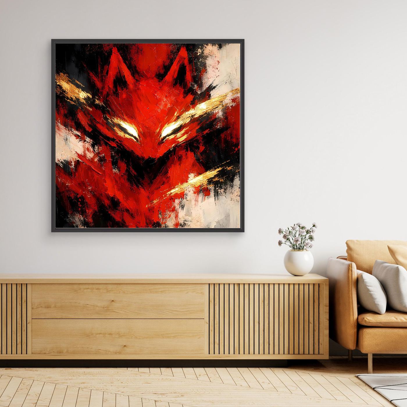 Leinwand Mystischer Kitsune Fuchs in Rot | Abstraktes Japanisches Mythologie Wandbild