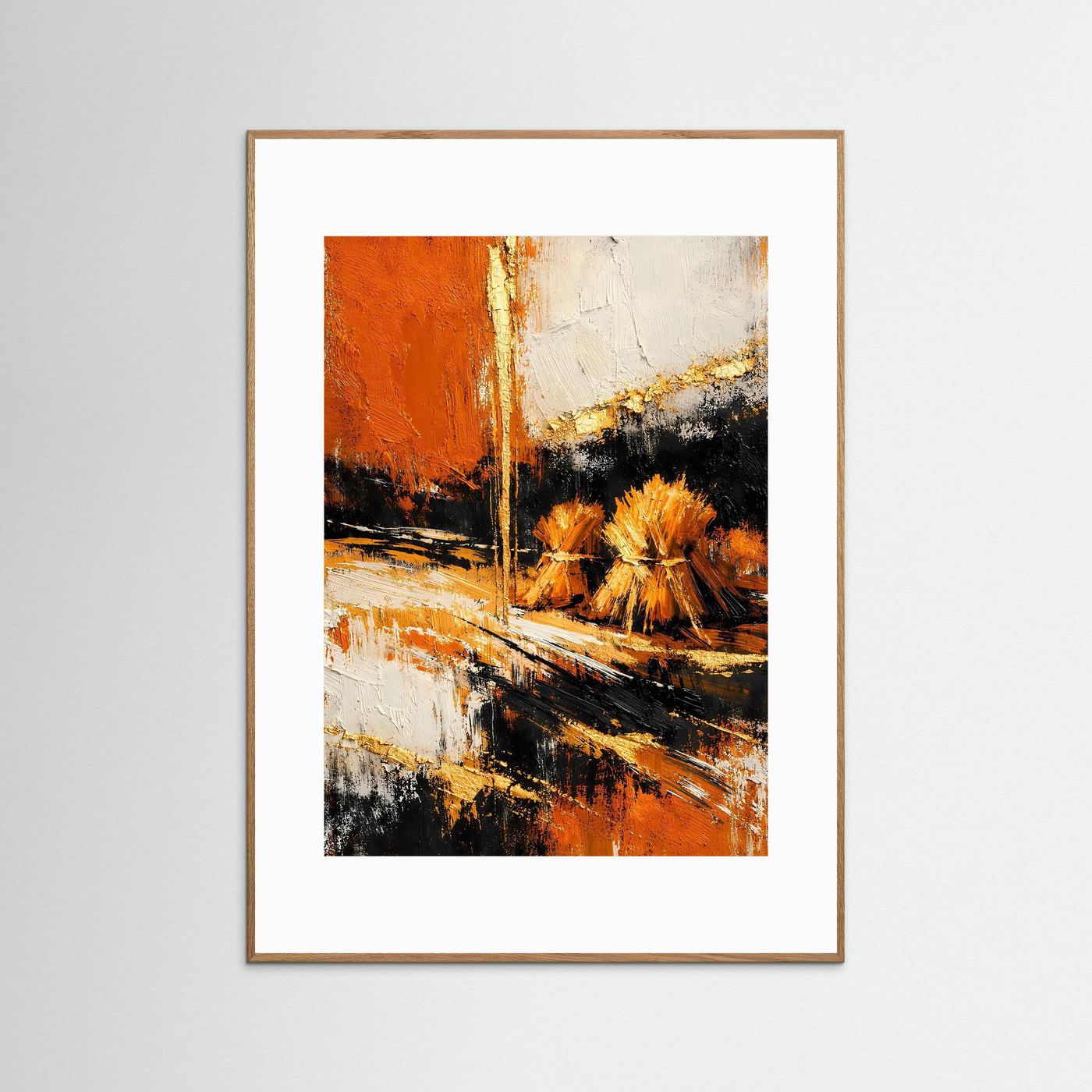 Hochformatiges Kunstposter mit abstraktem Kornfeld in Gold, Terrakotta und Schwarz, heller Holzrahmen