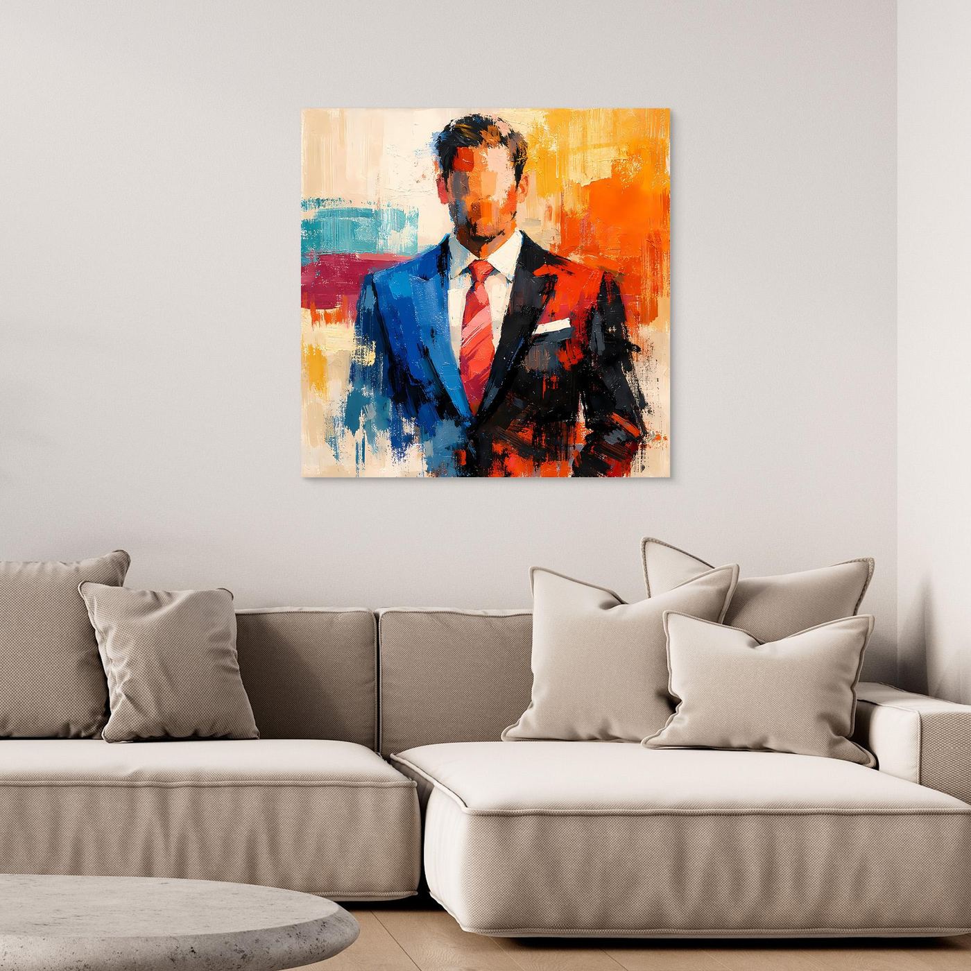 Abstract business portrait wall art with blue suit, orange highlights, and red tie.