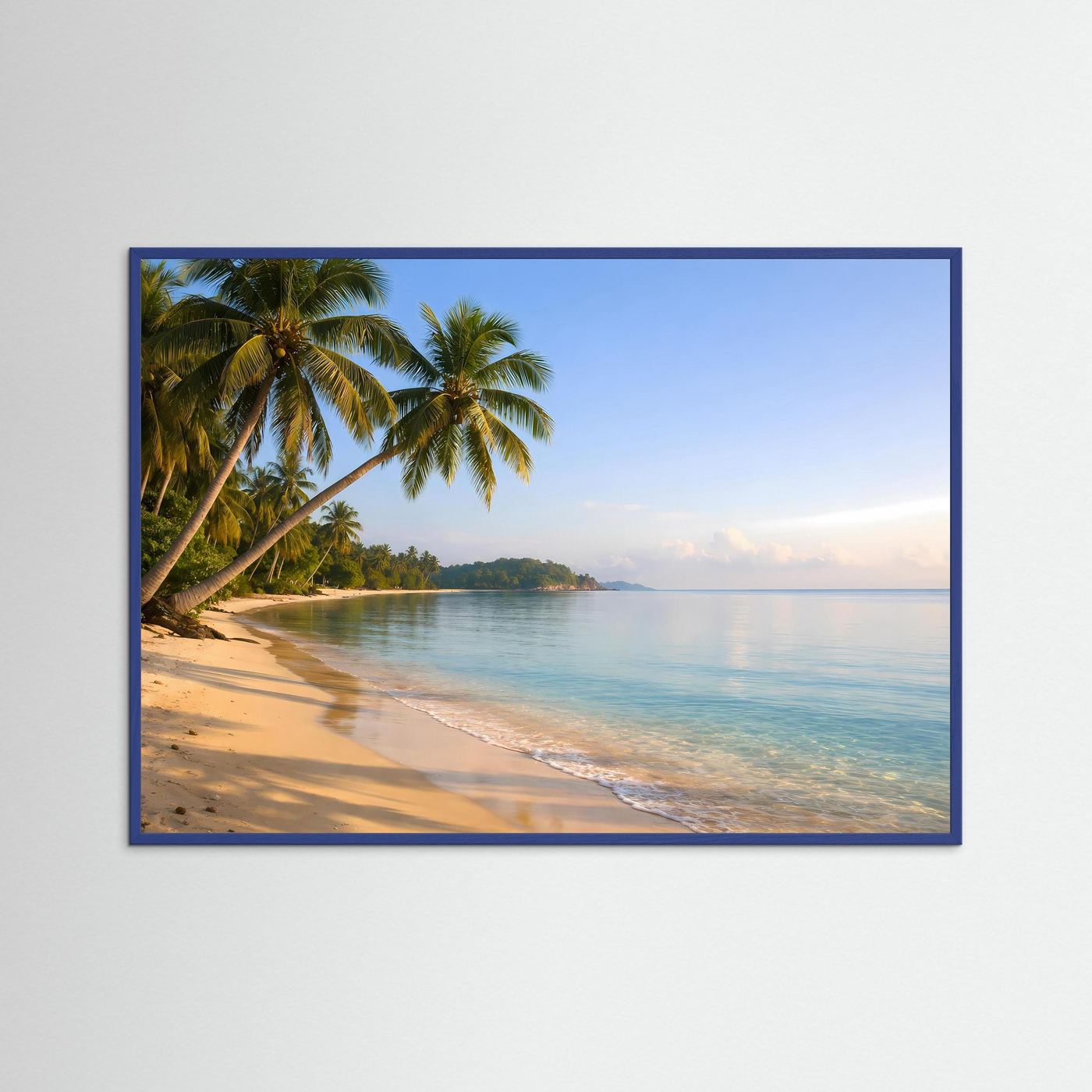 Strand- und Meerposter mit Palmen im blauen Rahmen, Querformat