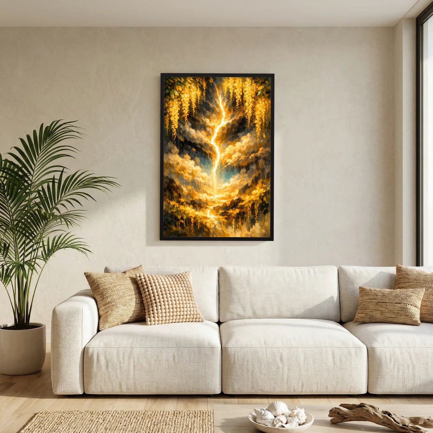 Hochformat-Poster mit goldenem Lebensbaum und leuchtendem Lichtkranz, in schwarzem Rahmen