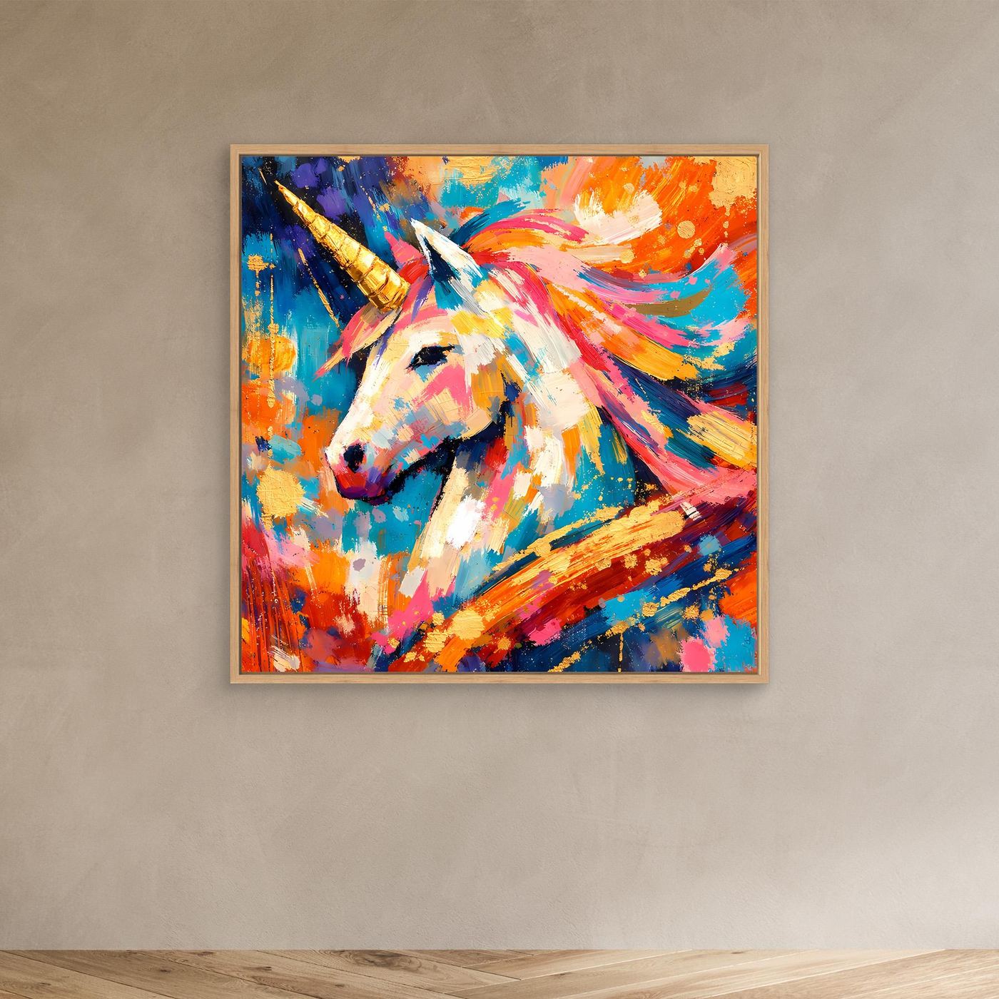 Leinwandbild mit abstraktem Einhorn, goldenes Horn, bunte Pinselstriche, Holzrahmen