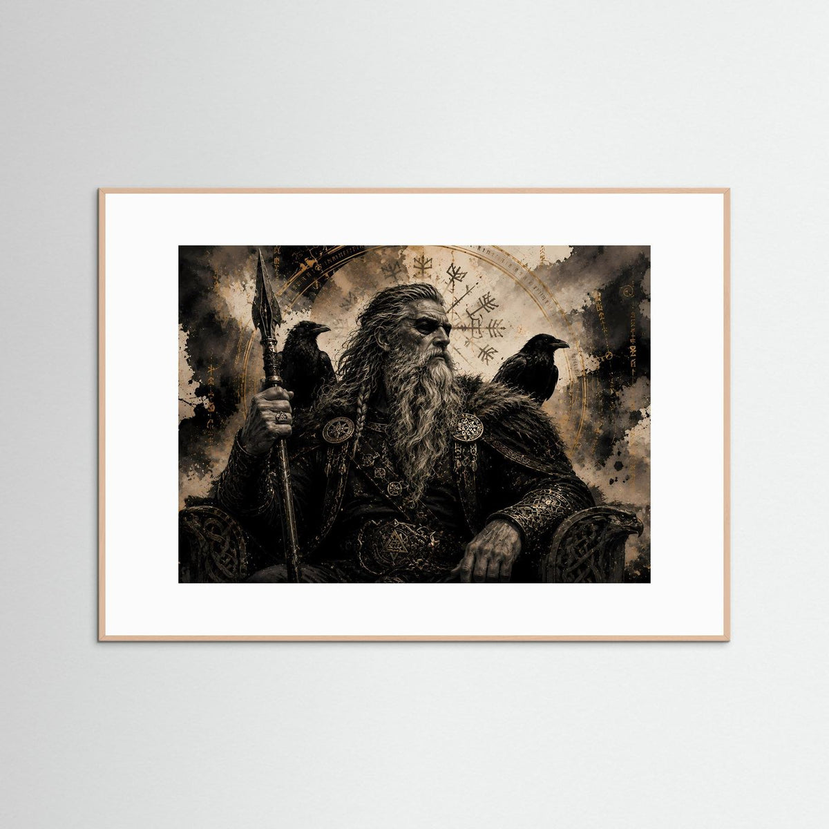 Querformat-Poster: bärtiger Rabenkrieger mit Speer, Runen und Rabe, Sepia, hellbrauner Holzrahmen
