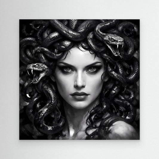 Leinwandbild mit Medusa-Porträt und Schlangenhaar, schwarz-grau