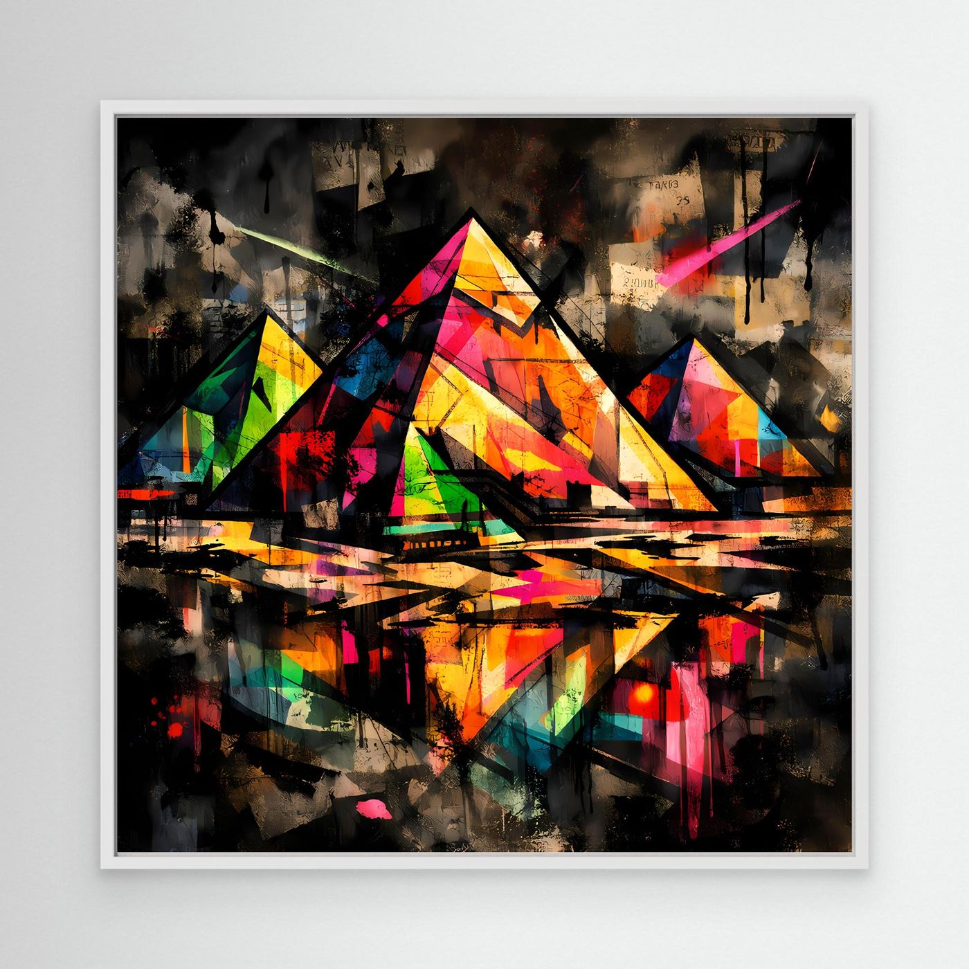 Leinwandbild: abstrakte bunte Pyramiden im Street-Art-Stil, dunkler Hintergrund, weißer Rahmen