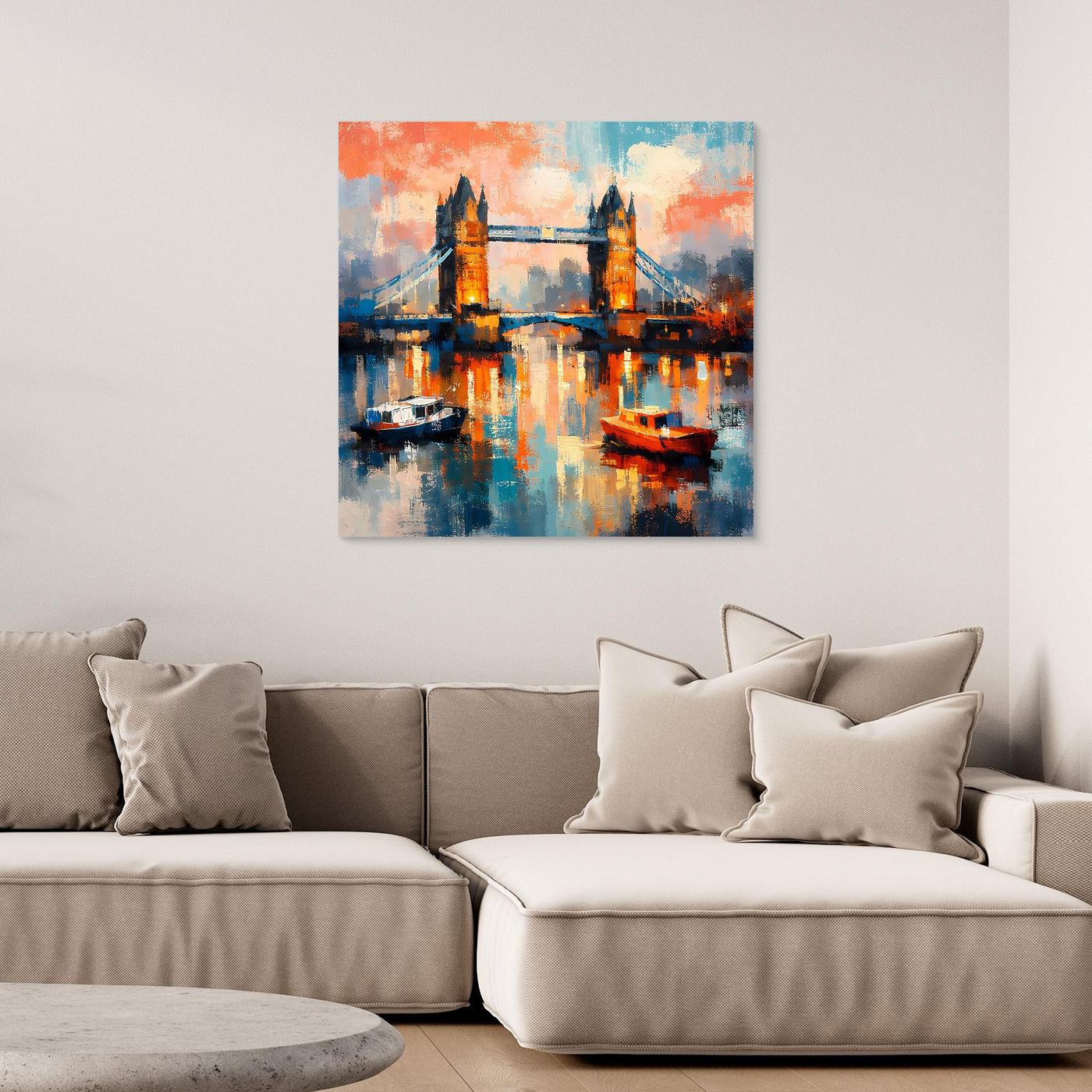 Leinwand-Wandbild mit abstraktem Tower-Bridge-Motiv und Spiegelung im Wasser, ohne Rahmen.