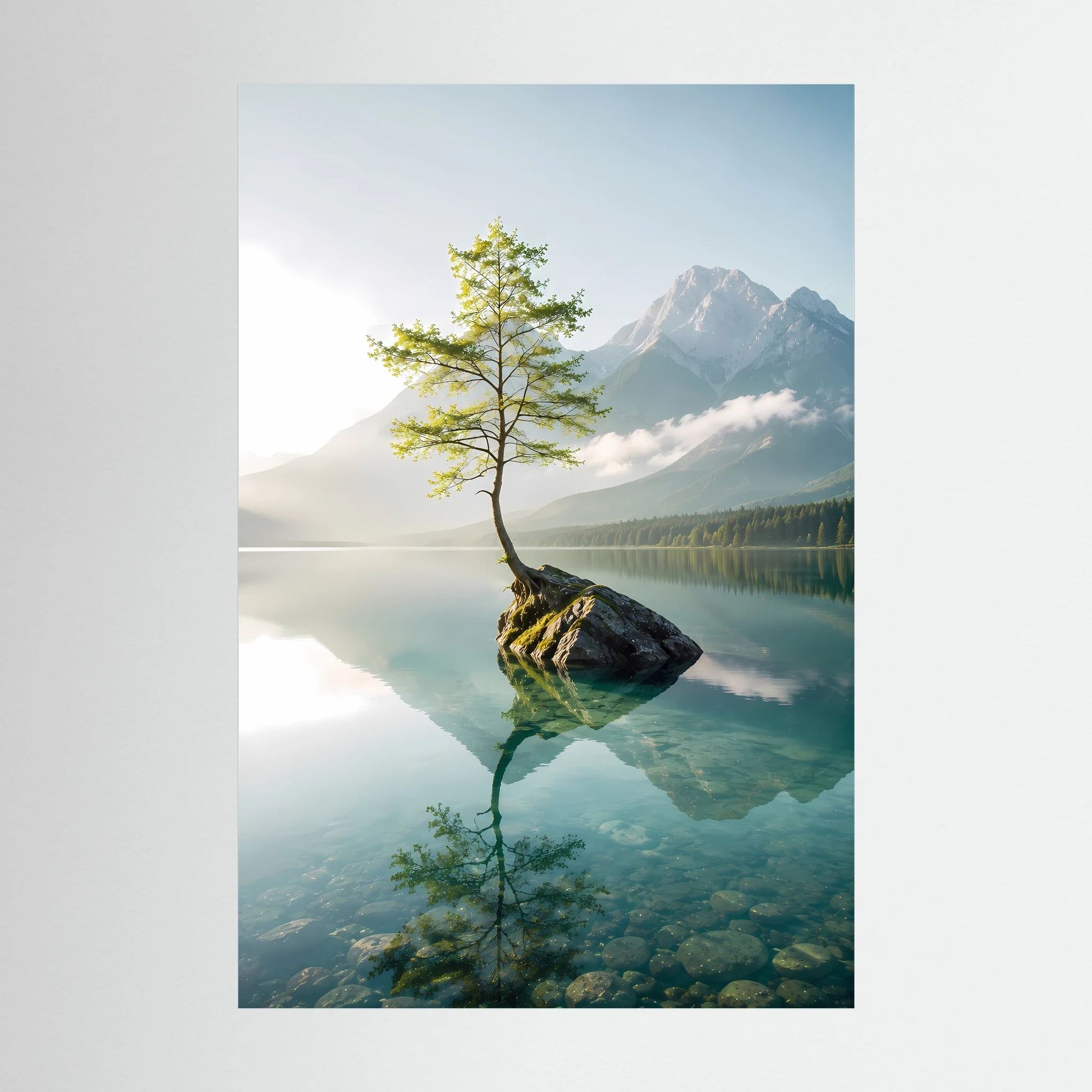 Baum im Bergsee | Stille Berglandschaft mit Spiegelung | Poster Hochformat