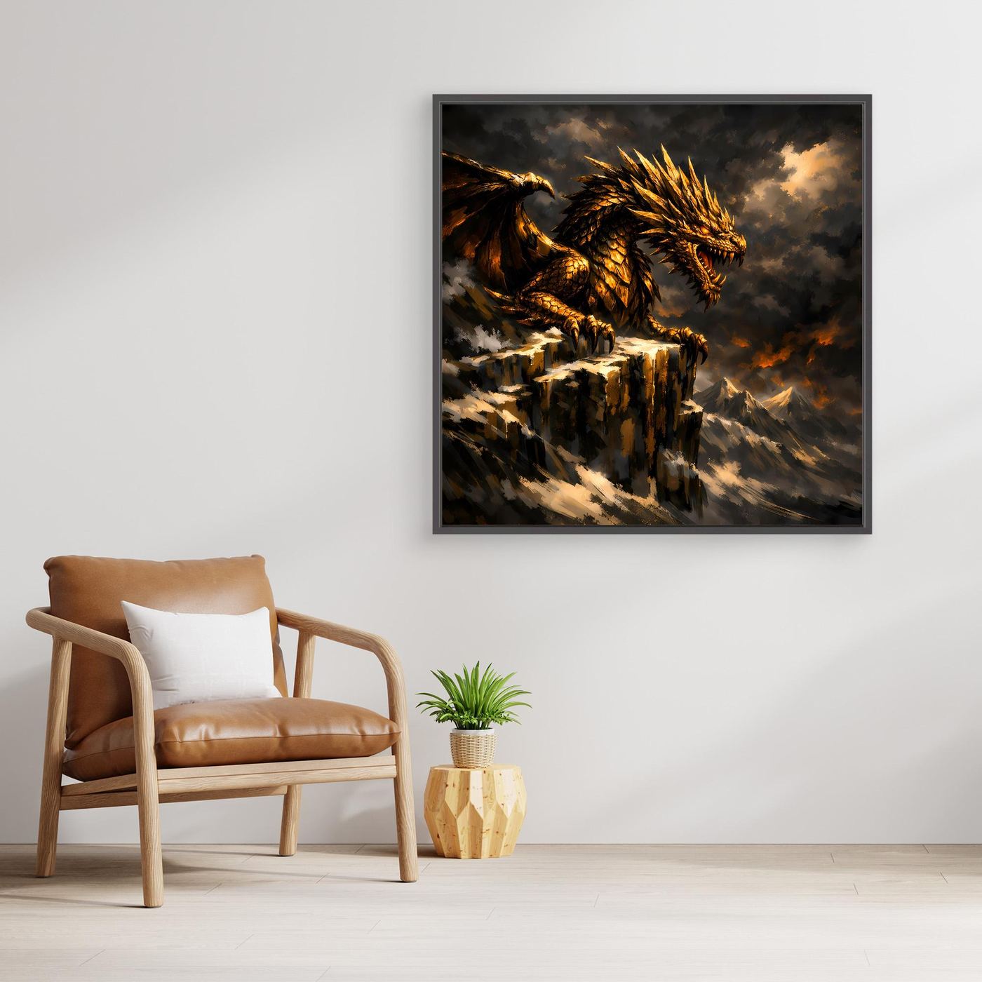 Leinwand Goldener Drache auf Felsgipfel | Episches Fantasy-Wandbild auf Keilrahmen