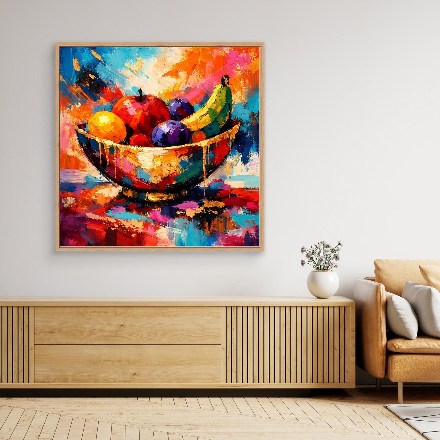 Quadratisches Leinwandbild mit Obstschale, farbenfrohe Früchte und kräftiger Kontrast auf Leinwand