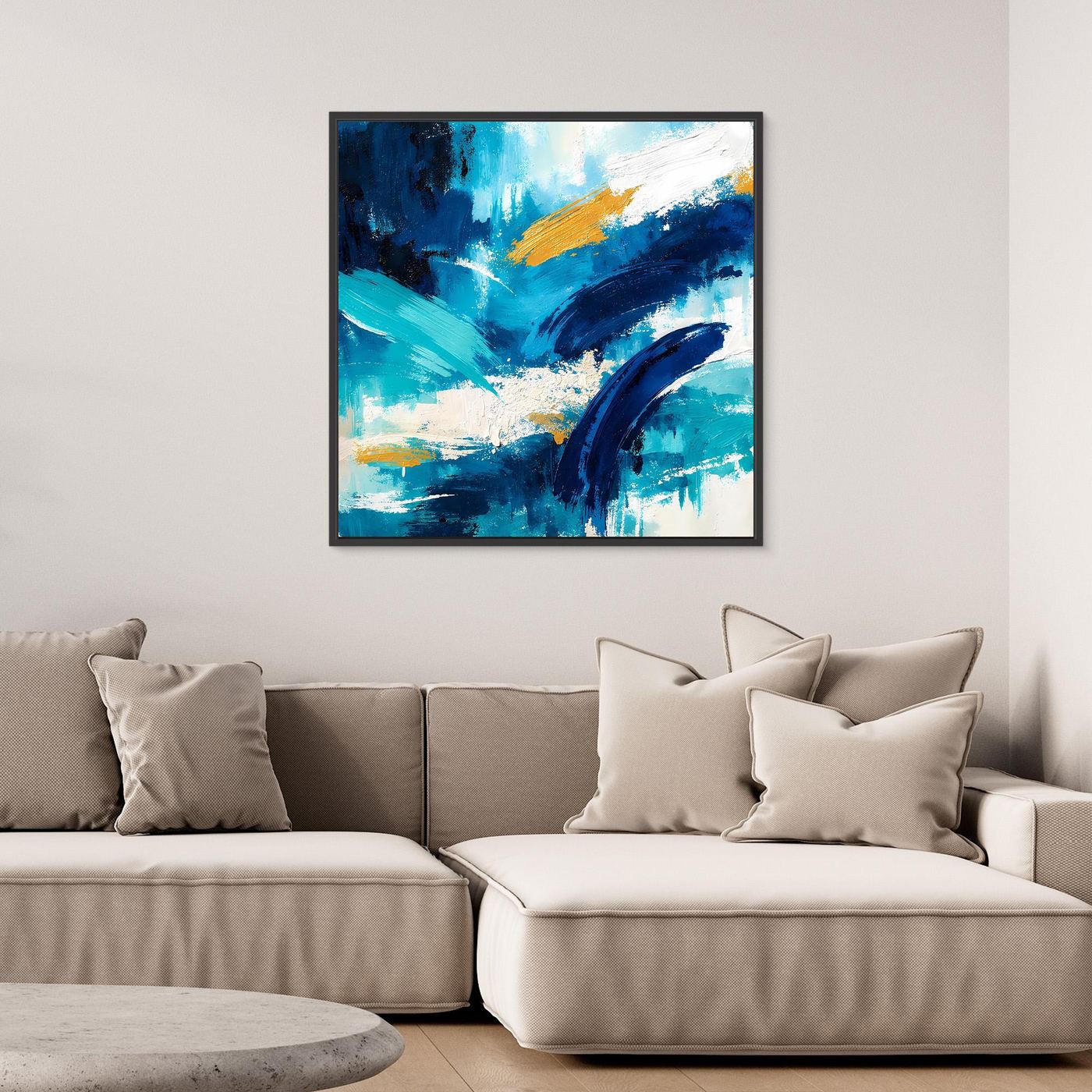 Framed abstract blue and gold canvas wall art with streaks and drips, square