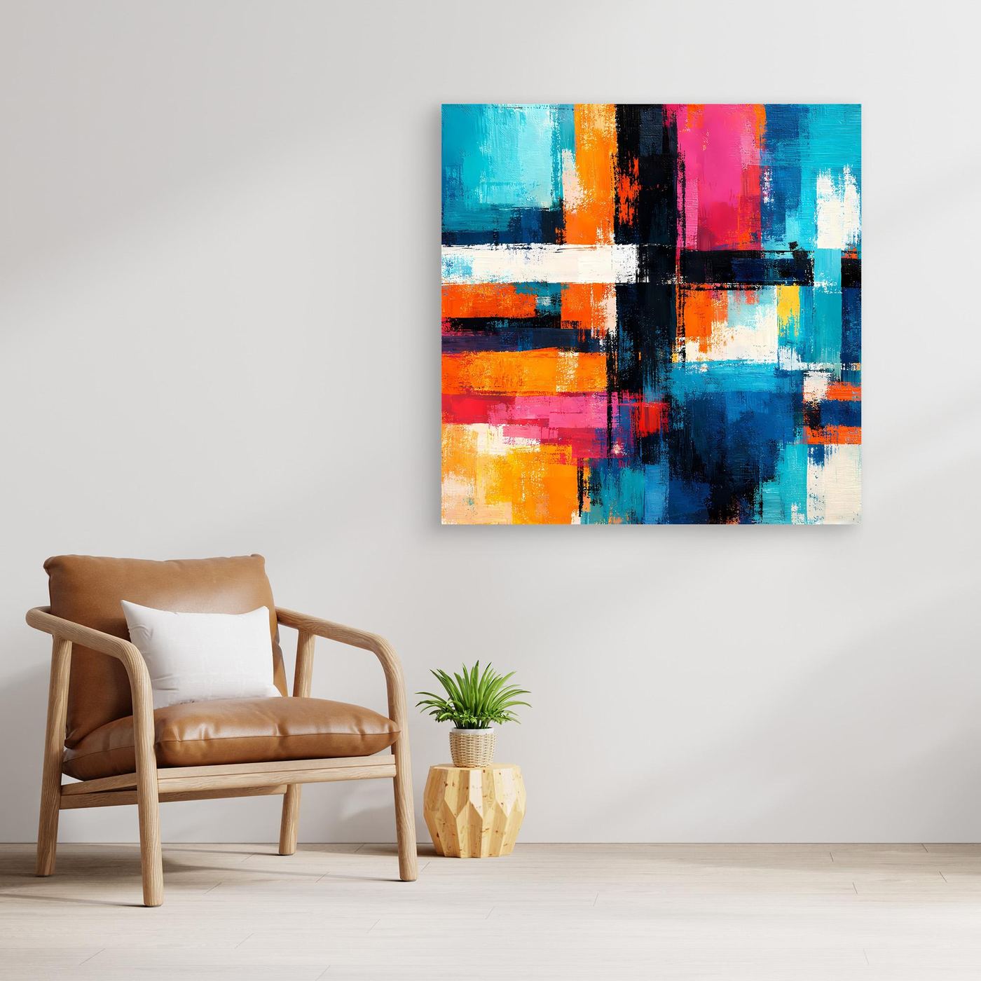 Abstract geometric canvas wall art with vibrant blue, teal, orange, and pink block patterns