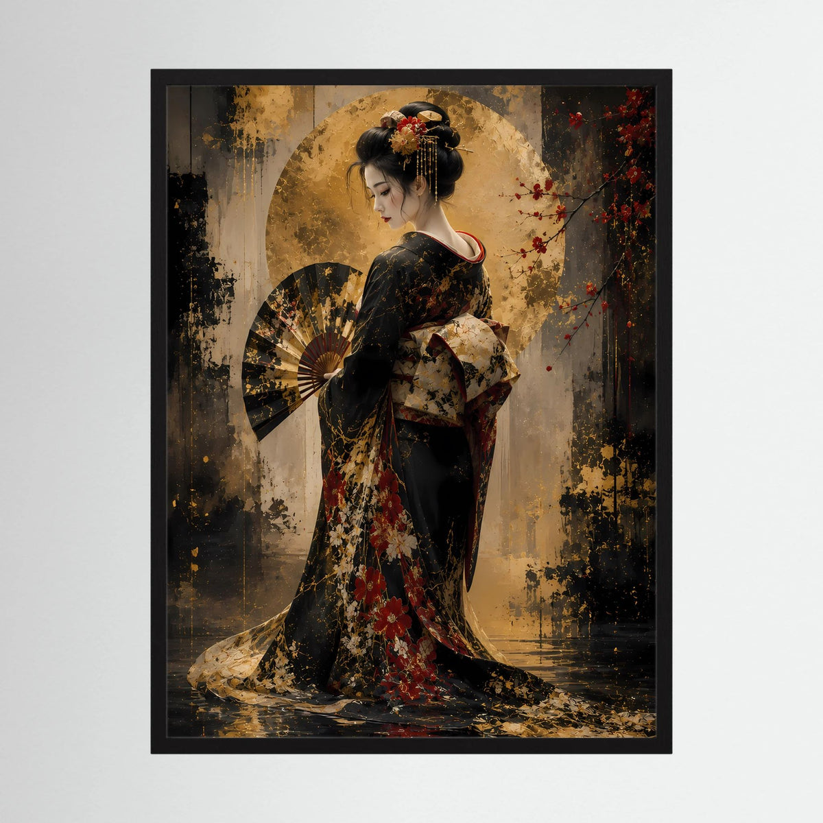 Hochformatiges Poster mit Geisha im schwarzen und goldenen Kimono, im schwarzen Rahmen