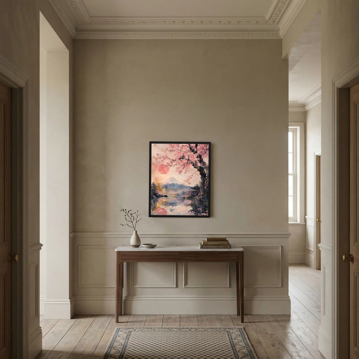 Gerahmtes Poster mit Kirschblütenzweig und Fuji-Landschaft in Rosa, schwarzer Rahmen.