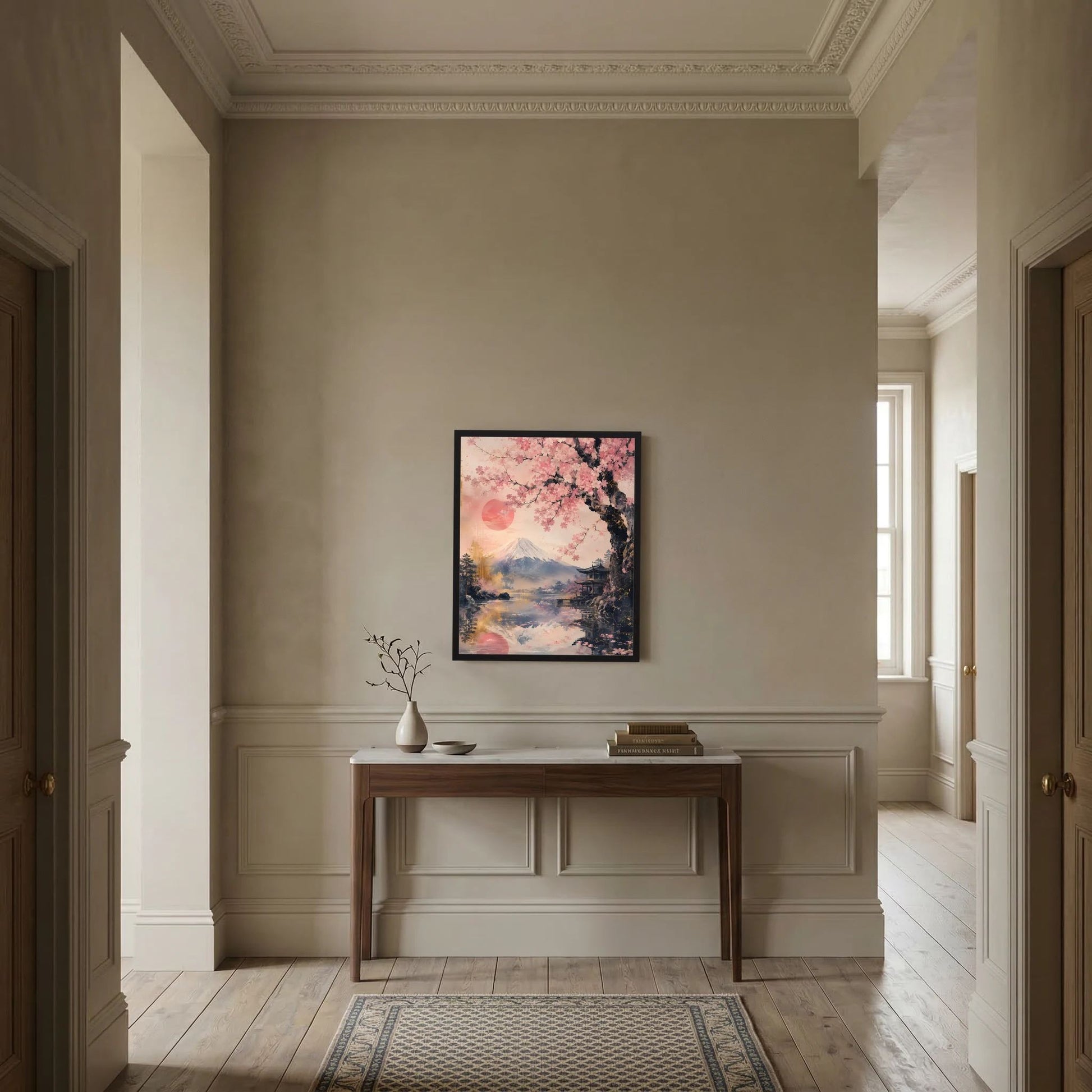 Gerahmtes Poster mit Kirschblütenzweig und Fuji-Landschaft in Rosa, schwarzer Rahmen.
