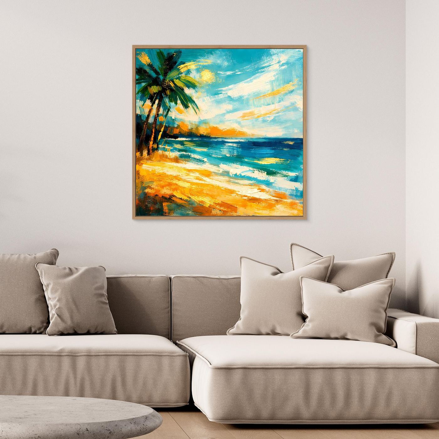 Leinwandbild mit abstrakter Palme am Strand, blau-gelbes Meer, schwarz gerahmt