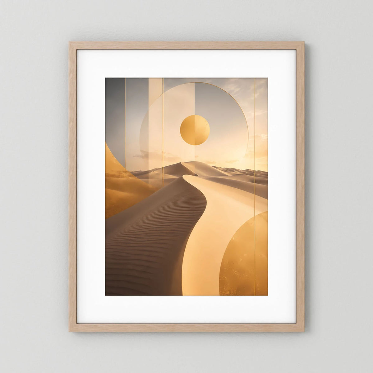 Poster mit abstrakten Dünen und goldener Sonne, Eichenholzrahmen natur
