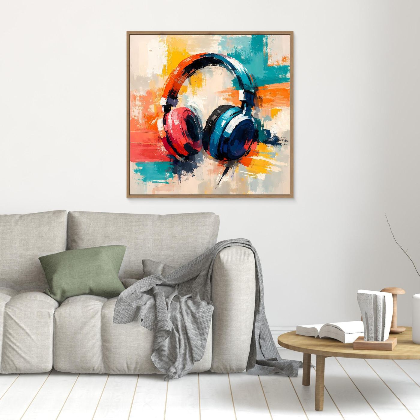 Wood-framed canvas wall art with colorful abstract over-ear headphones