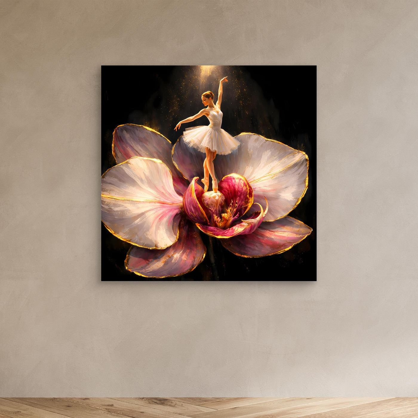 Premium Leinwand Elegante Ballerina auf Orchidee | Abstraktes Ballett Wandbild mit Goldakzenten