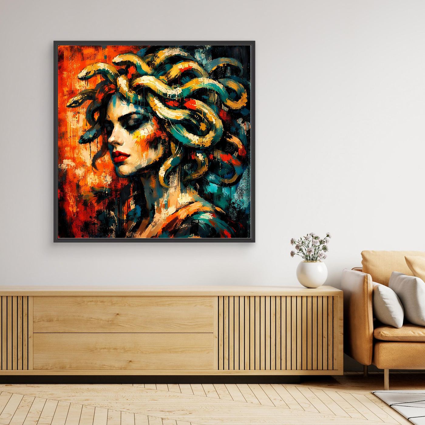 Gerahmtes Leinwandbild mit abstrakter Medusa-Figur, farbiger Stil, schwarzer Rahmen
