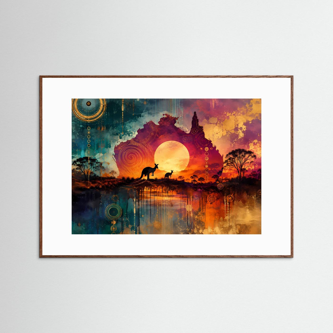 Australien Poster | Aborigines Kunst Wandbild | Känguru Silhouette bei Sonnenuntergang | Outback Landschaft | Moderne Fine Art