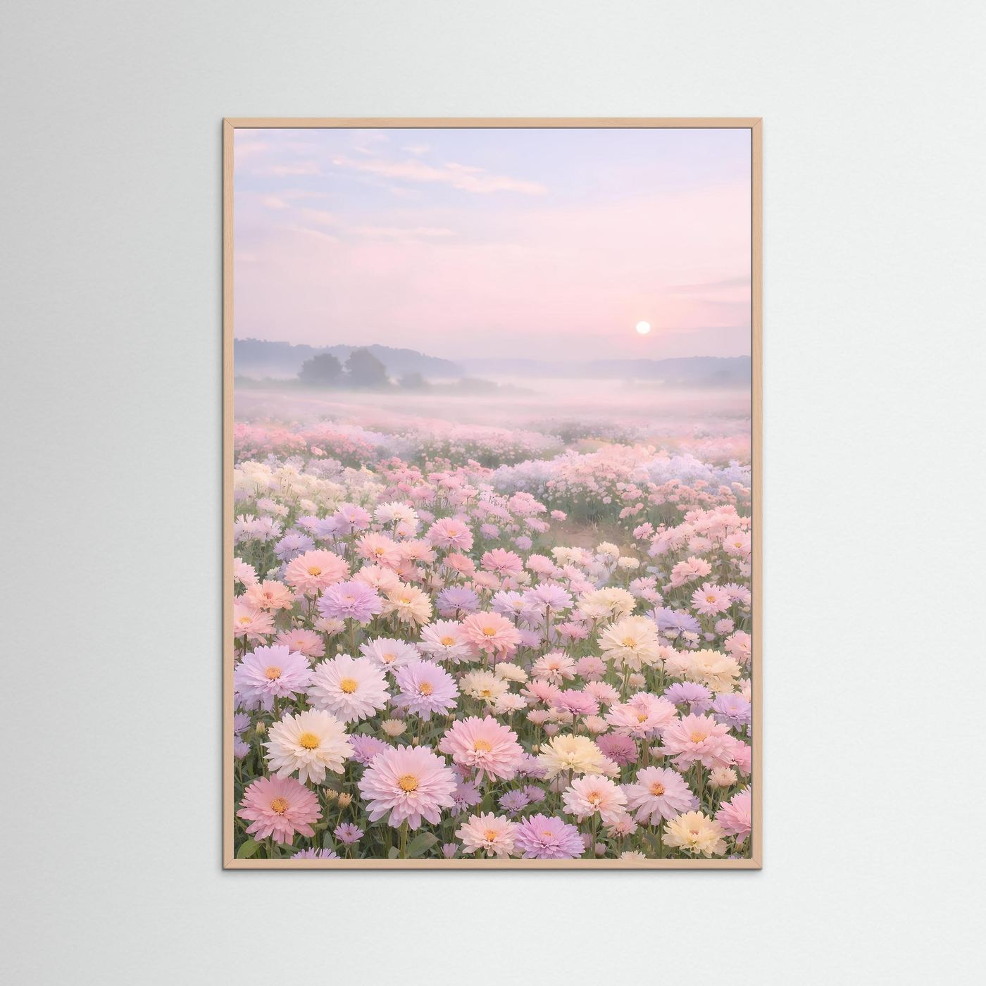 Florales Poster mit Blumenmeer bei Sonnenaufgang, rosa-brauner Holzrahmen, hochformat