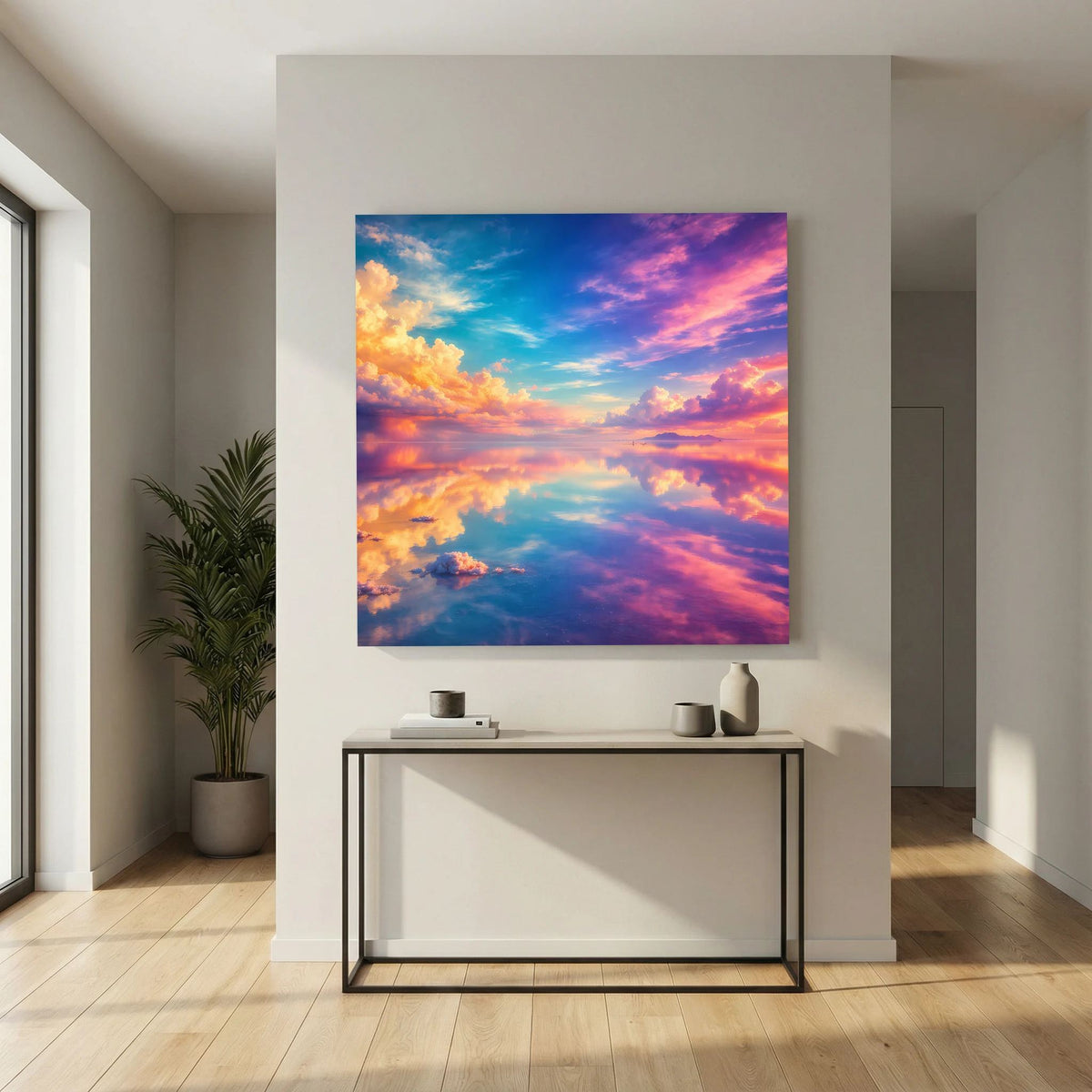 Leinwandbild auf Holzkeilrahmen: leuchtender Sonnenuntergangshimmel mit spiegelnden Wolken