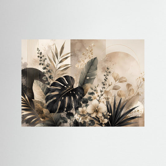 Poster mit abstrakter Botanik: große Monstera- und Eukalyptusblätter in Beige, Schwarz und Gold