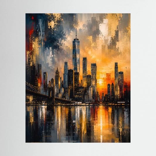 Poster mit abstrakter Skyline in Gold, Schwarz und Orange, inklusive Spiegelung