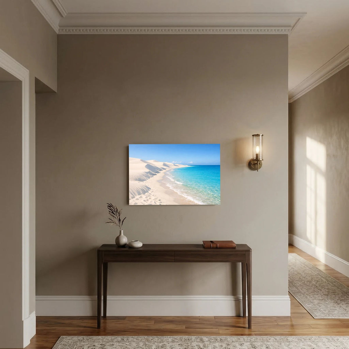 Wandbild mit Sanddünen und türkisfarbenem Meer, querformat