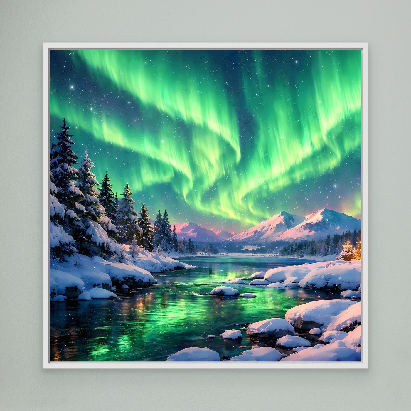 Leinwandbild Magische Polarlichter | Winterliche Polarlicht-Nacht Wandbild auf echtem Holzkeilrahmen