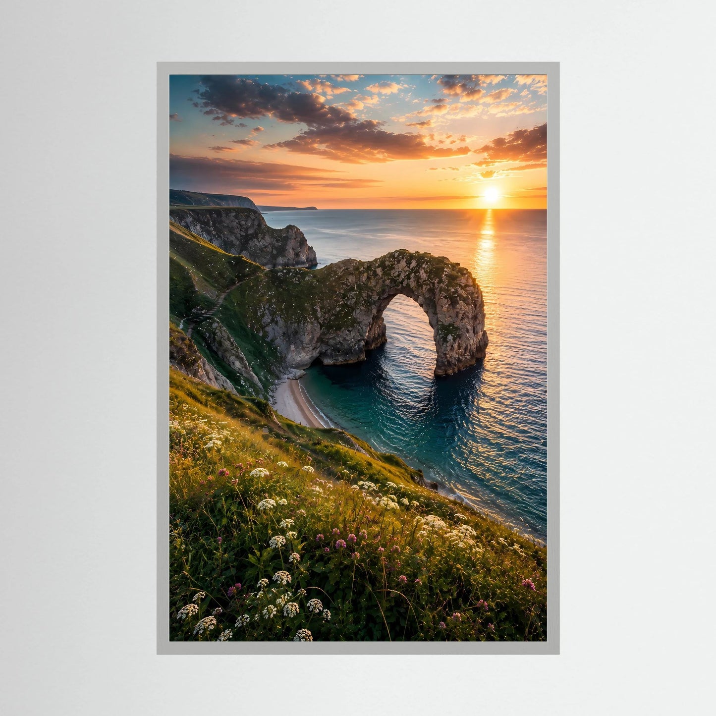 Poster im Hochformat: Küstenlandschaft mit Meerbogen und untergehender Sonne