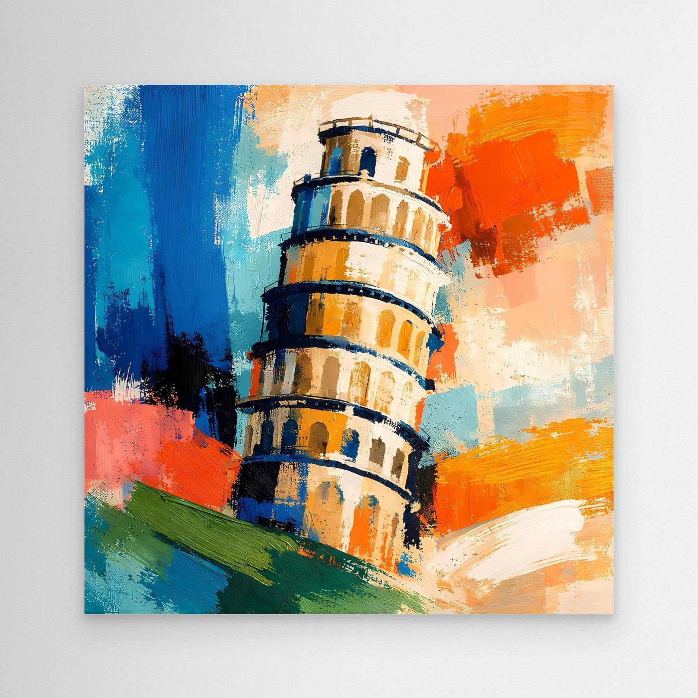 Abstract canvas wall art of Pisa tower with blue, orange, and green paint strokes.