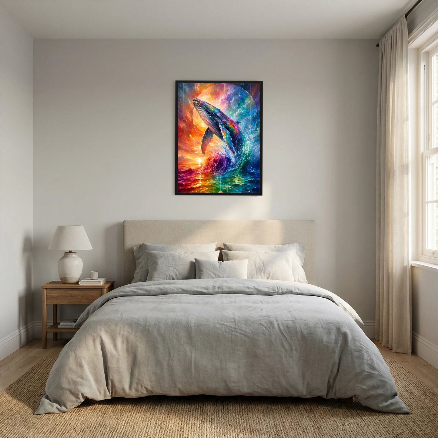 Hochformat-Poster: abstraktes Walmotiv in leuchtenden Regenbogenfarben, schwarzer Rahmen