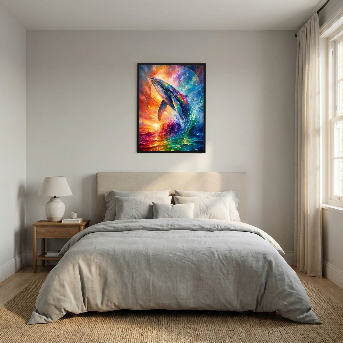 Hochformat-Poster: abstraktes Walmotiv in leuchtenden Regenbogenfarben, schwarzer Rahmen